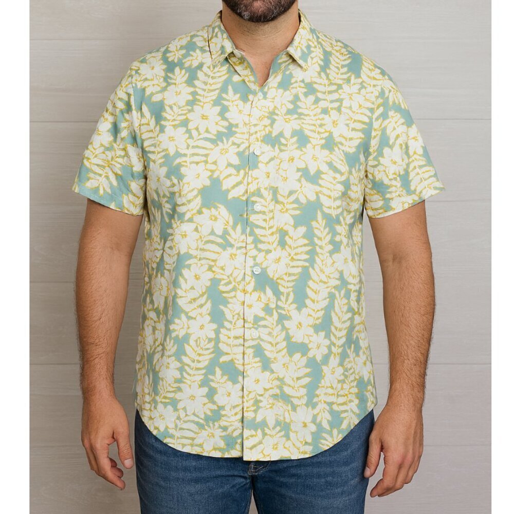Ted Baker Men's Green and White Floral Print London Slim Fit Button Down Shirt 6